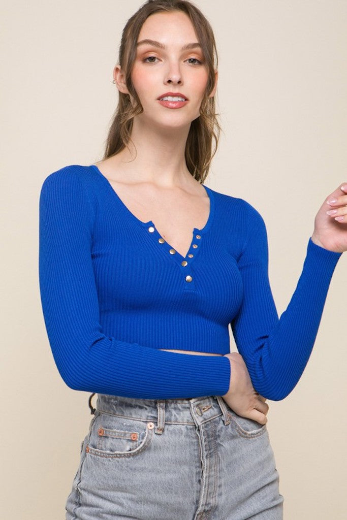 Not So Easy Cropped Button Sweater Top- Blue