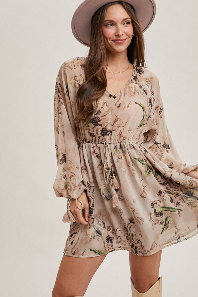 Cue The Charm Floral Dress - Beige