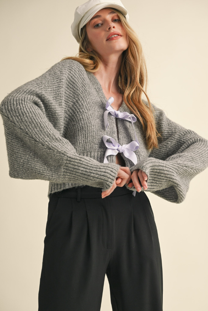 Have It All  Bow Cardigan - Grey