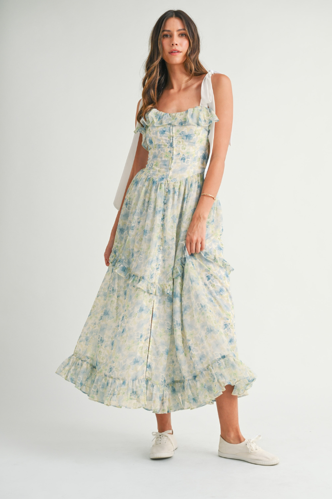 Zara Floral Midi Dress - Blue/Green