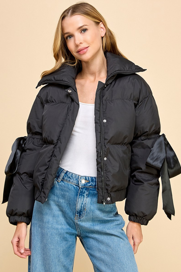 Half Of Forever Bow Puffer Jacket - Black