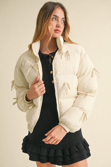 All Day Ease Bow Puffer Jacket - Ecru