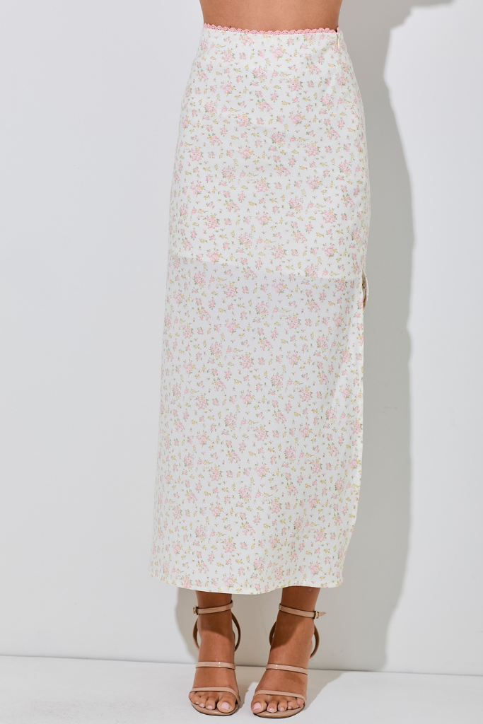 Always RIght Floral Midi Skirt - Cream/Pink