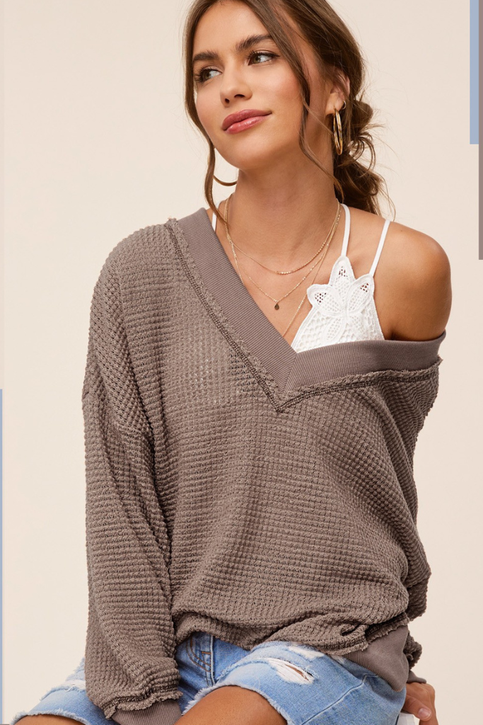 Cheerful Smile Waffle Knit Top -  Mocha