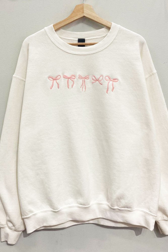 Embroidered Bow Sweatshirt - Cream/Pink