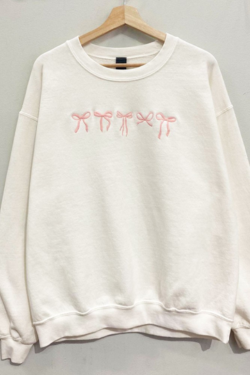 Embroidered Bow Sweatshirt - Cream/Pink