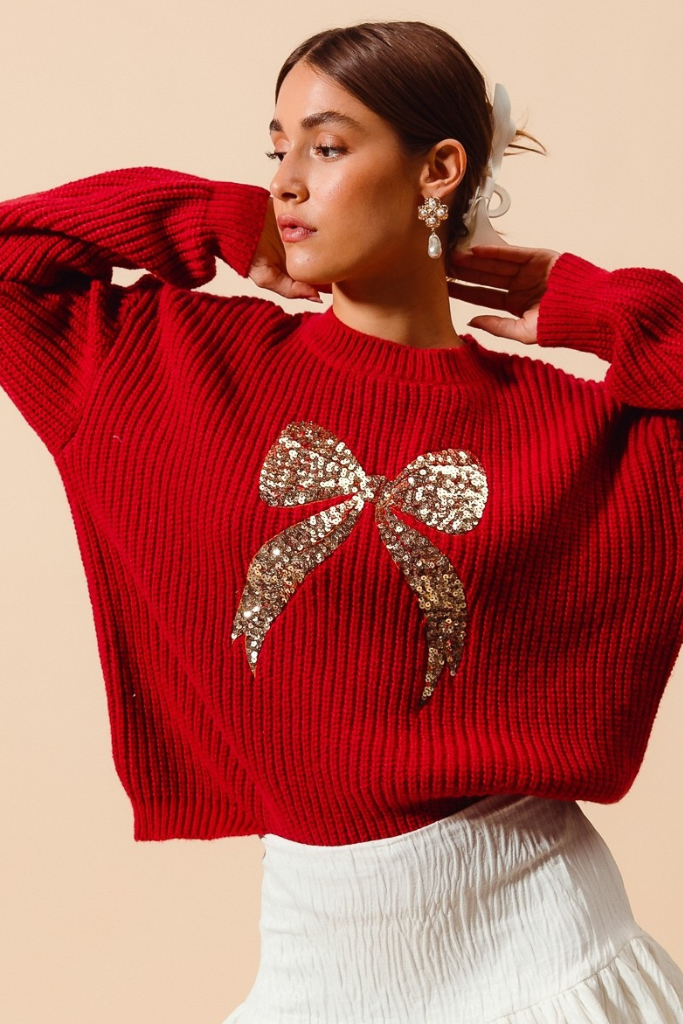 All Is New Sequin Bow Sweater - Red/Gold