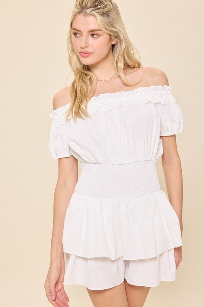 Eternal Flame Off Shoulder Romper- Off White