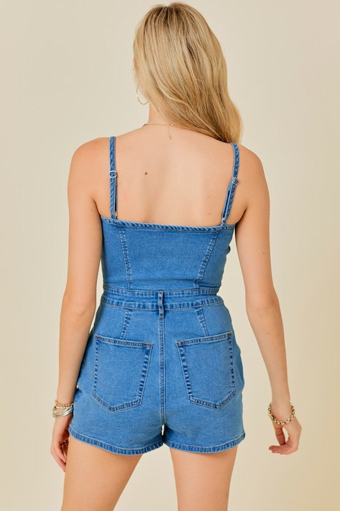 Filled With Joy Washed Denim Romper- Blue