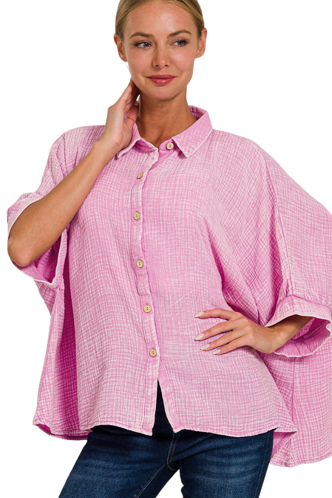 Casual Cool Button Down Top - Pink