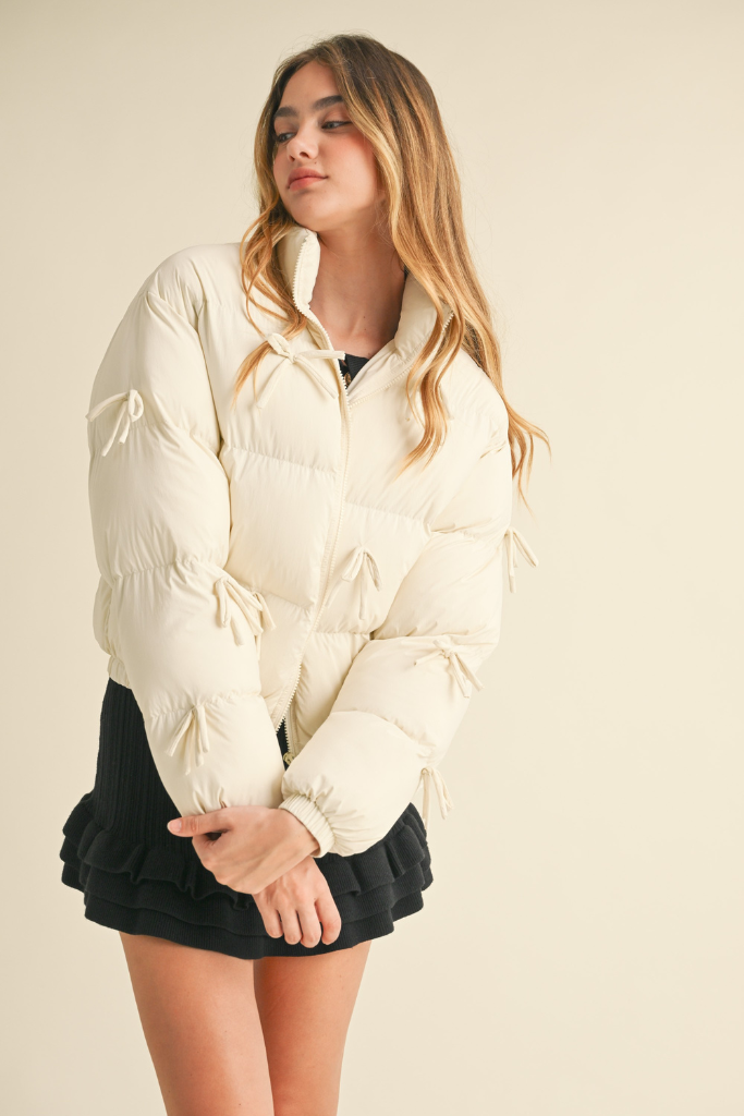 All Day Ease Bow Puffer Jacket - Ecru