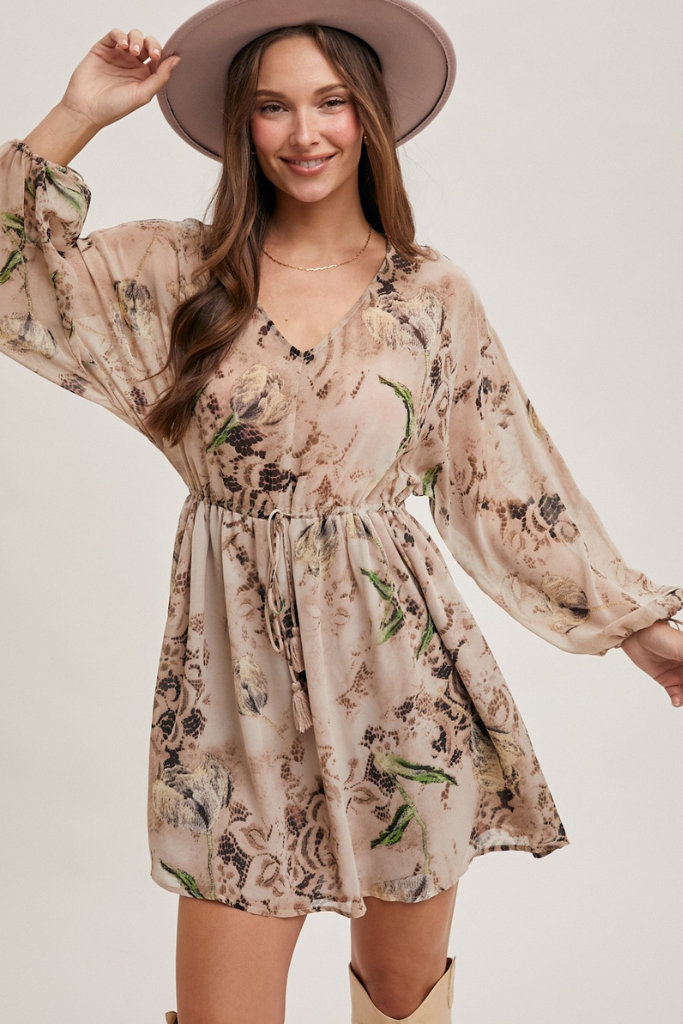 Cue The Charm Floral Dress - Beige