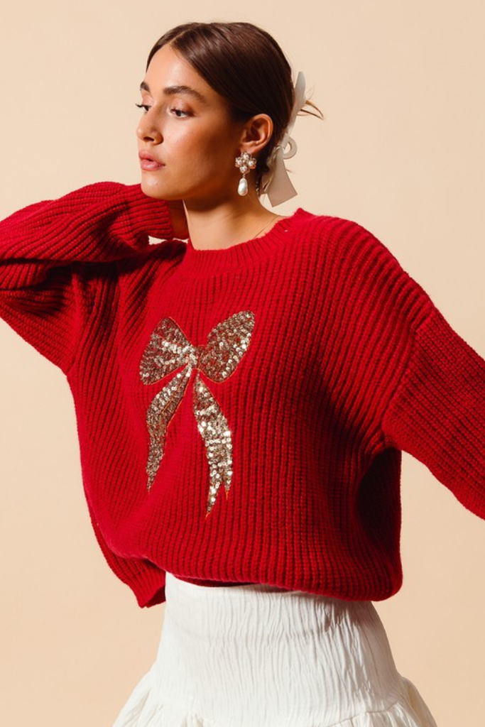 All Is New Sequin Bow Sweater - Red/Gold