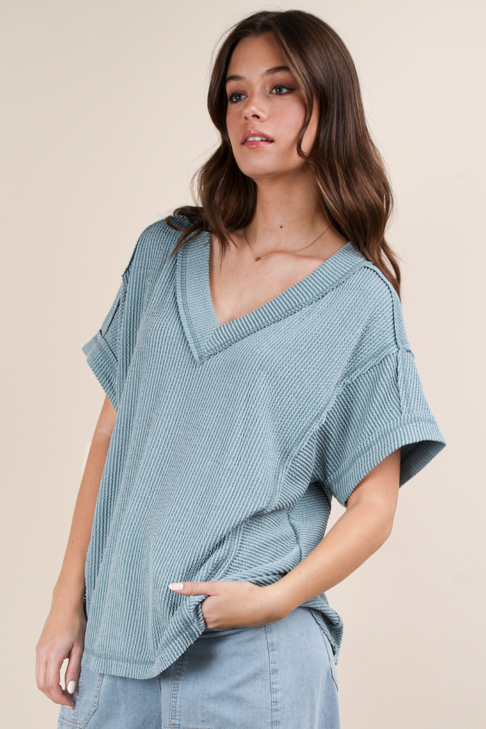 Cherish Me Ribbed Top -  Blue