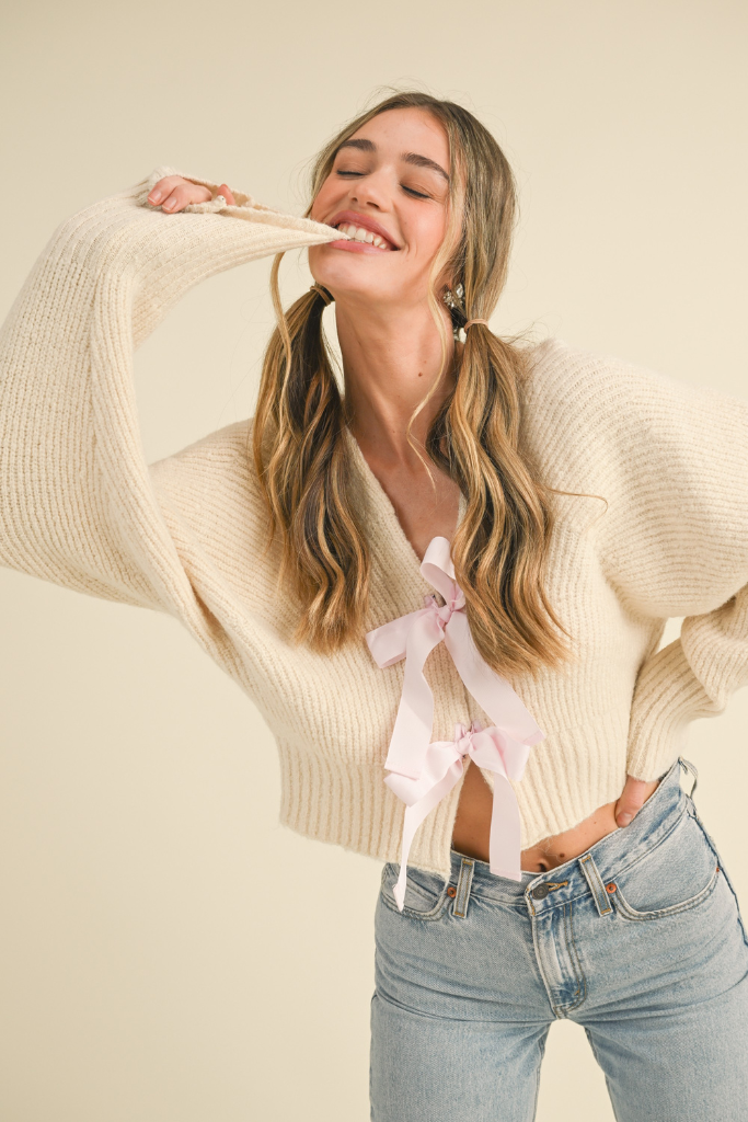 Have It All Cropped Bow Cardigan - Cream