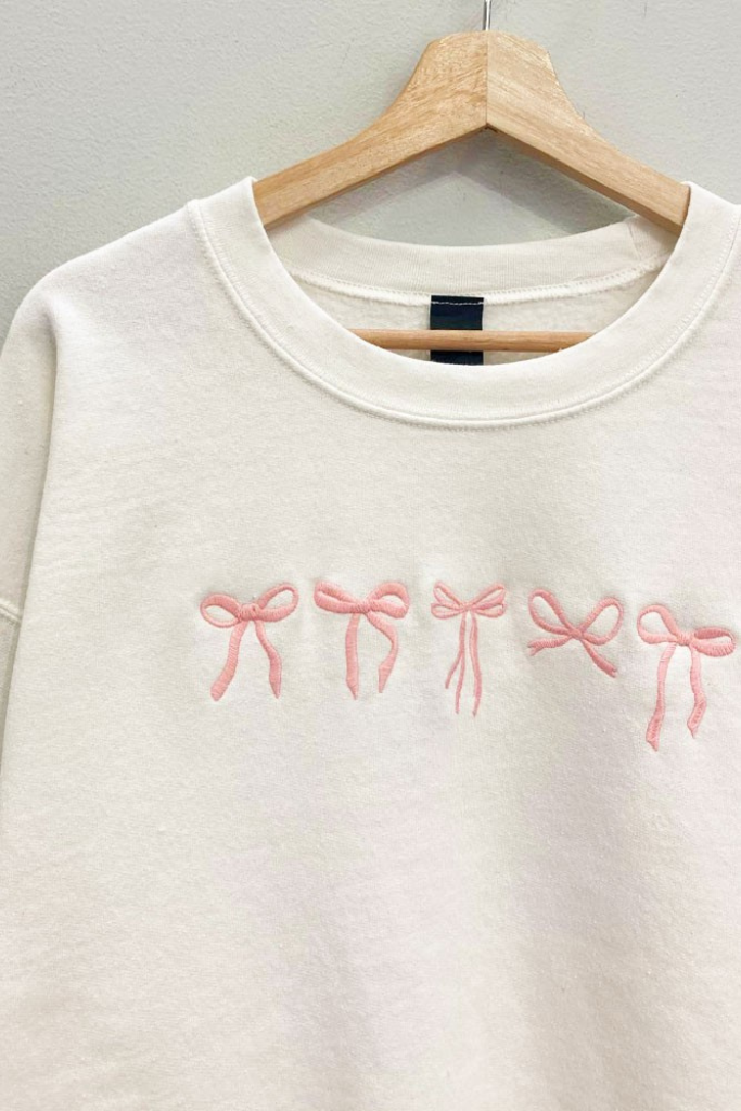 Embroidered Bow Sweatshirt - Cream/Pink