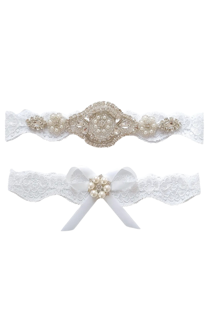 Penny Rhinestone Garter Set - White Lace