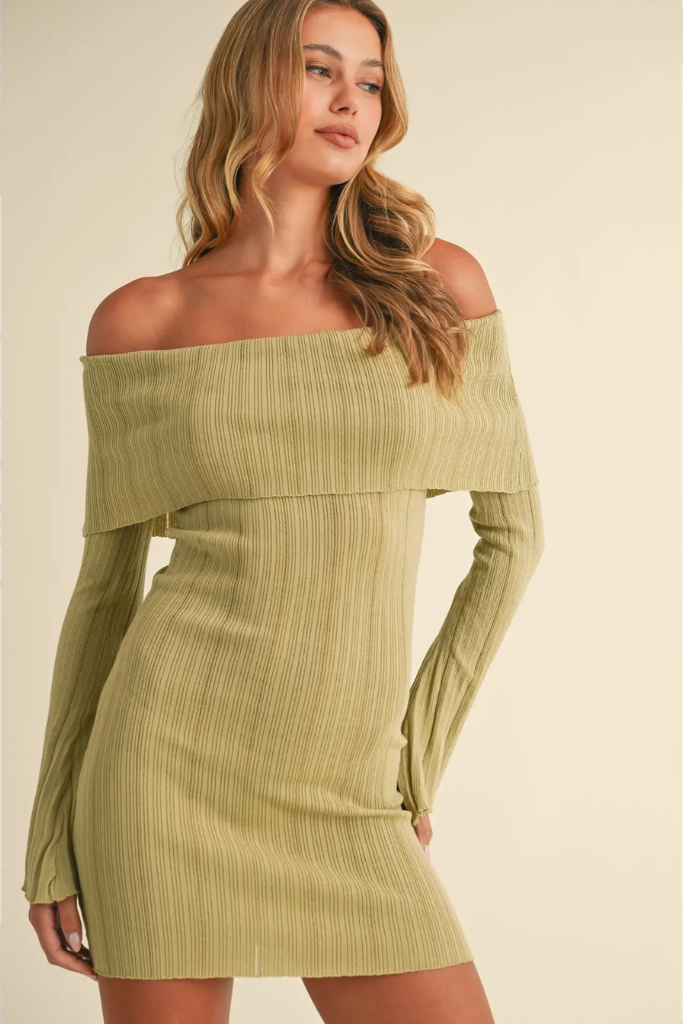 Those Eyes Off Shoulder Dress - Olive