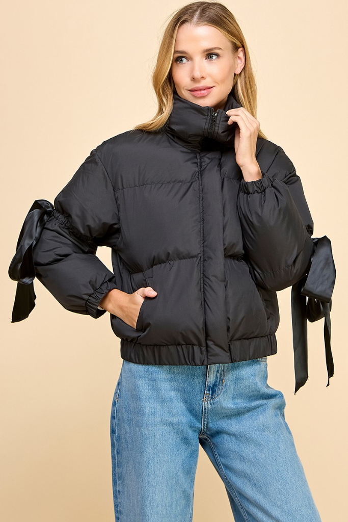 Half Of Forever Bow Puffer Jacket - Black