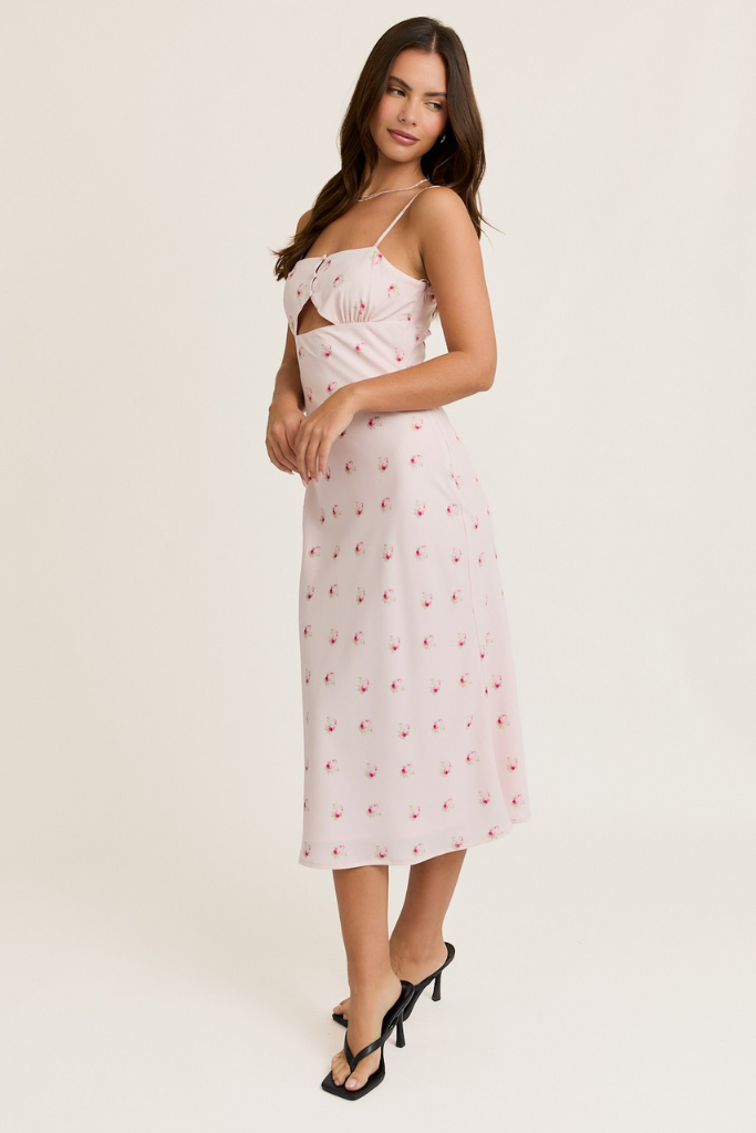 Stay Tuned Floral Midi Dress - Pink