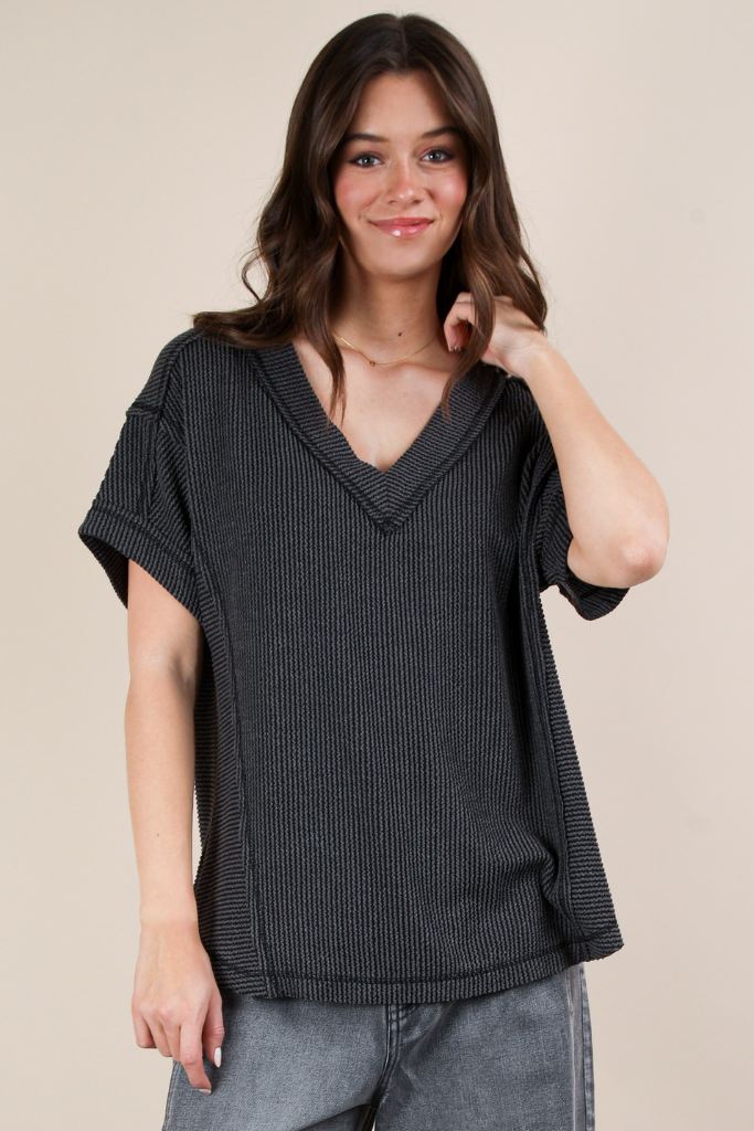 Cherish Me Ribbed Top - Charcoal