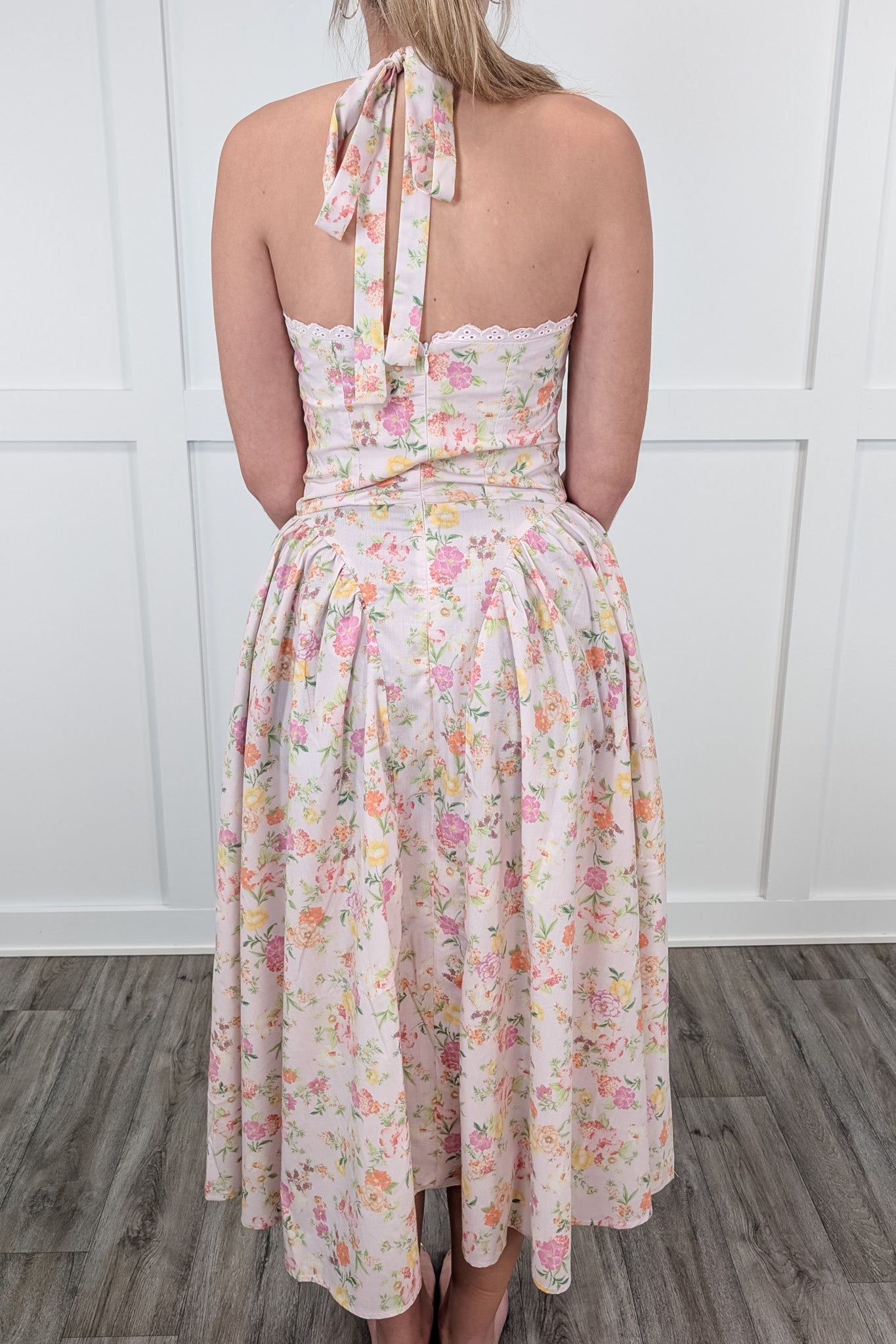 What A Doll Floral Halter Midi Dress - Pink