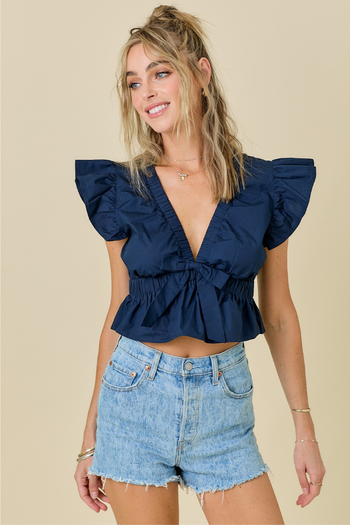 City Lights Babydoll Crop Top - Navy