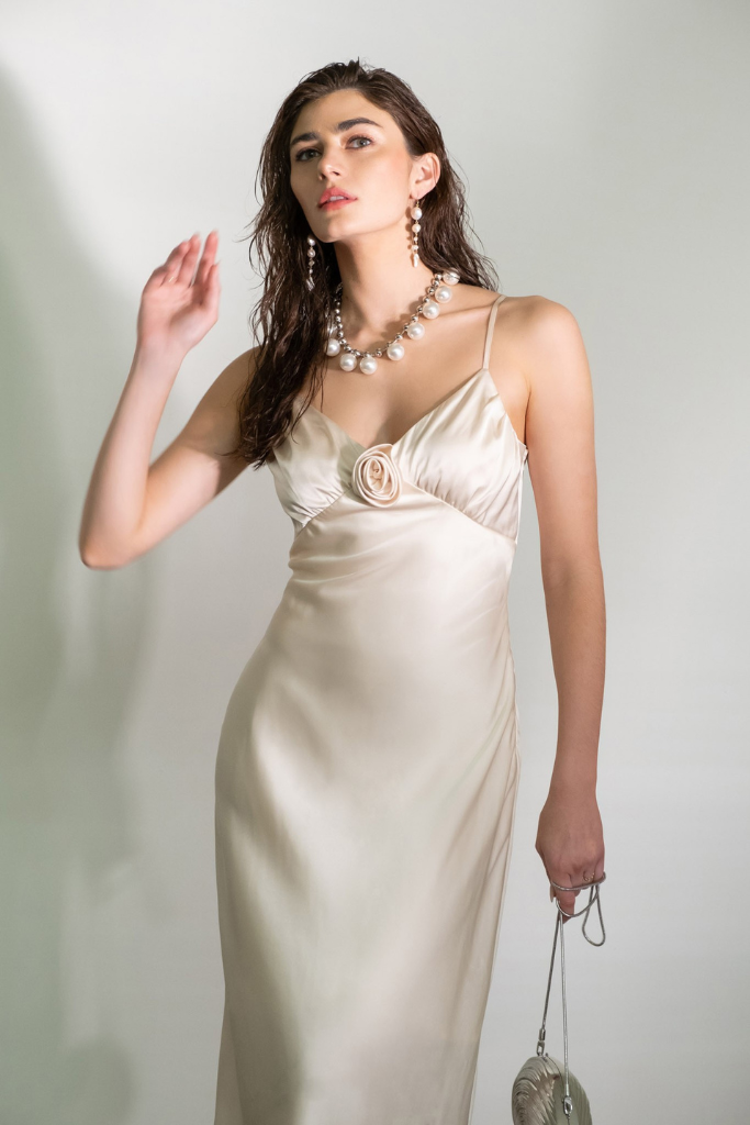 Wonder About It Satin Midi Dress - Champagne