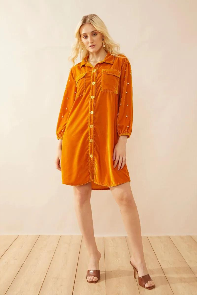 Myra Oakrey Velvet Shirt Dress - Orange