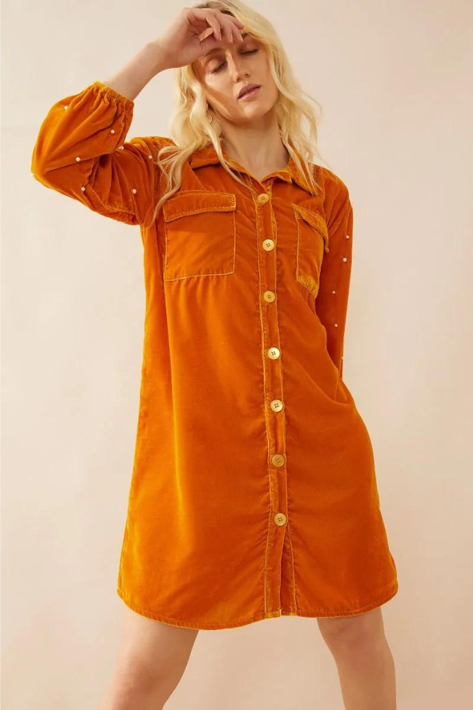 Myra Oakrey Velvet Shirt Dress - Orange