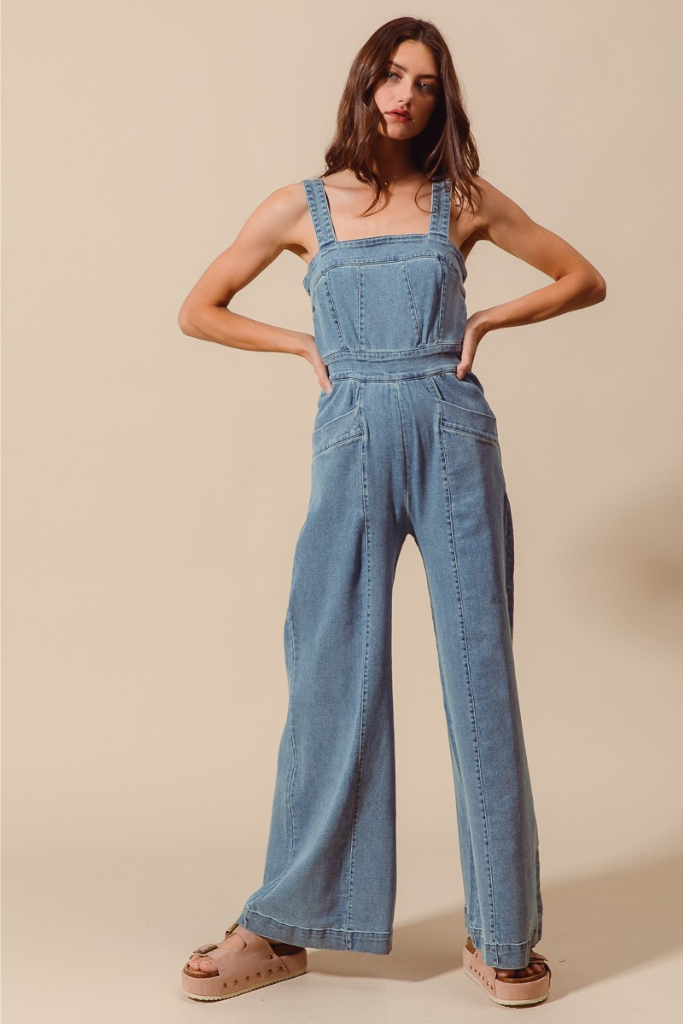 Popular Phrase Wide Leg Jumpsuit - Denim