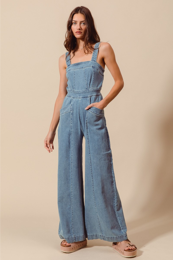 Popular Phrase Wide Leg Jumpsuit - Denim