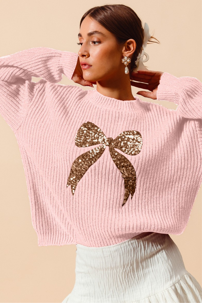 All Is New Sequin Bow Sweater - Blush/Gold