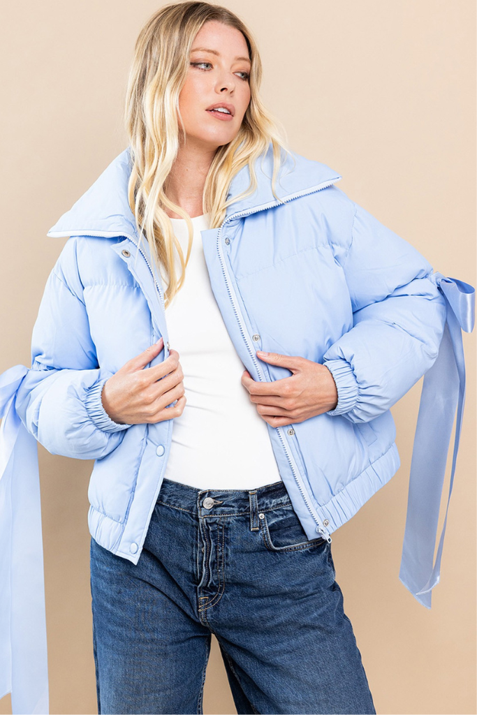 Half Of Forever Bow Puffer Jacket - Baby Blue