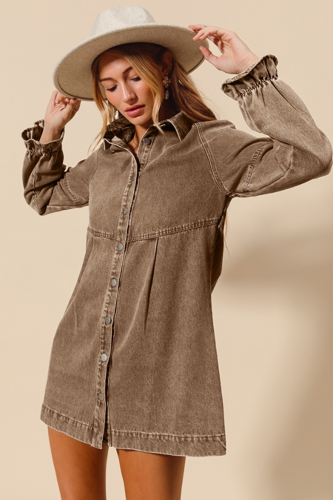 Easy On Me Button Down Denim Dress - Taupe