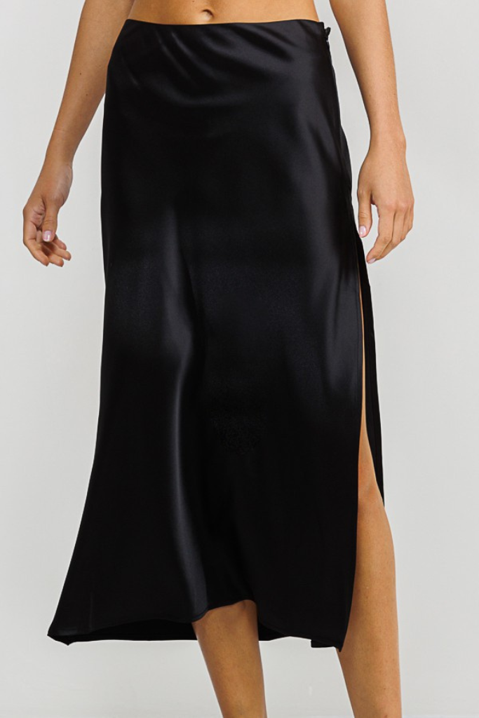 Check Yourself Satin Midi Skirt - Black