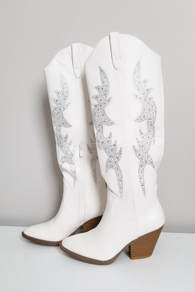 Megan Rhinestone Cowgirl Boots- White