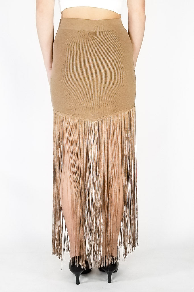 Vivid Charm Fringe Midi Skirt - Taupe