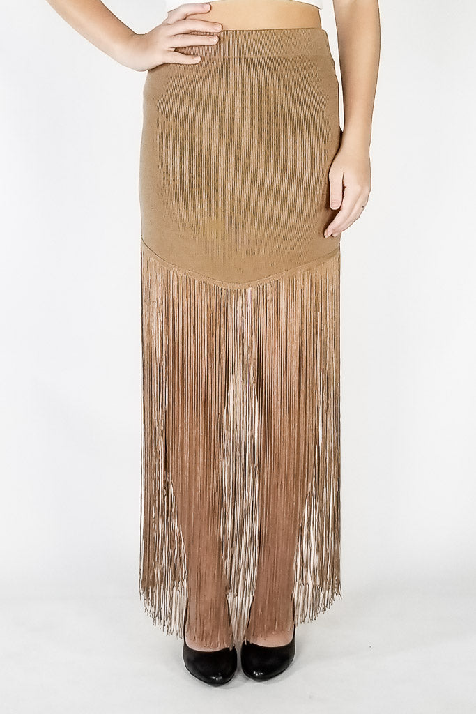 Vivid Charm Fringe Midi Skirt - Taupe