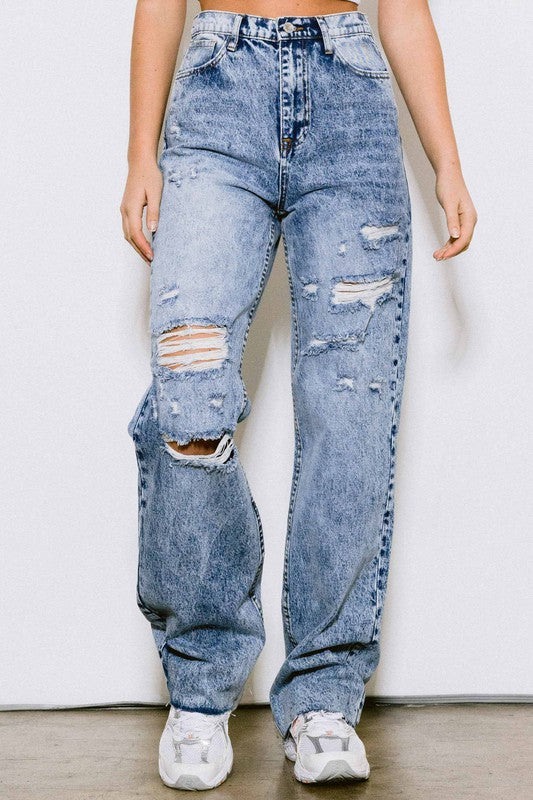 Never Again Mom Distressed Jeans- Medium Stone